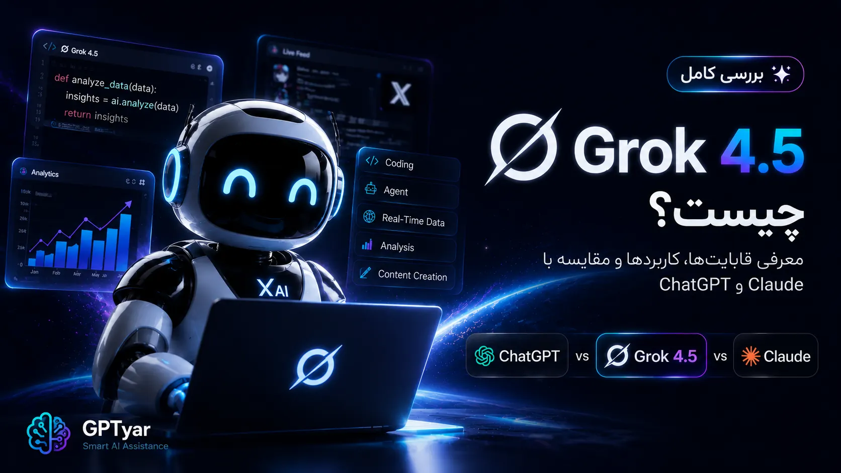 Grok 4.5 چیست؟ بررسی کامل امکانات، قابلیت‌ها + مقایسه با ChatGPT و Claude